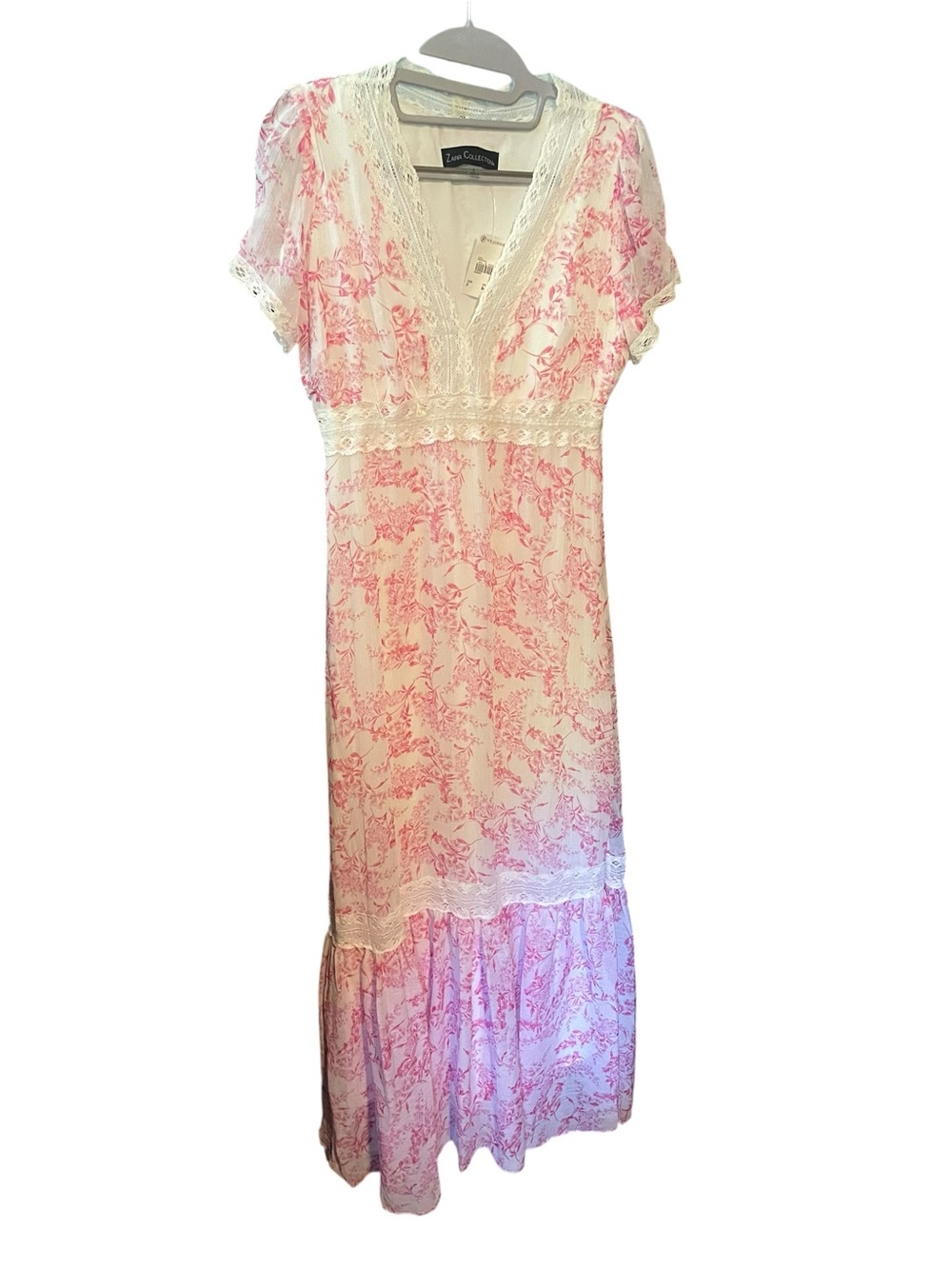 Zara White Maxi Dress with Pink Floral Print and Lace Trim